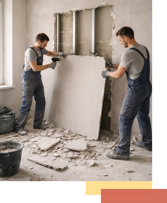 Демонтаж перегородки из гипсокартона в таре быстрый и аккуратный