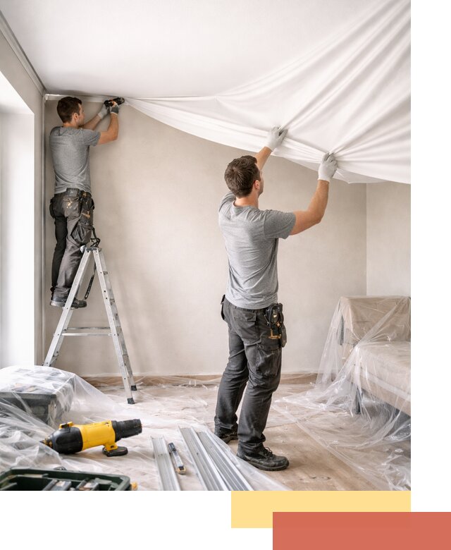 Монтаж тканевого натяжного потолка в таре недорого и быстро