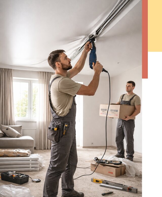 Монтаж сатинового натяжного потолка в таре от 3601 руб. | Быстро, недорого — ОТДЕЛОЧНИК-Тар