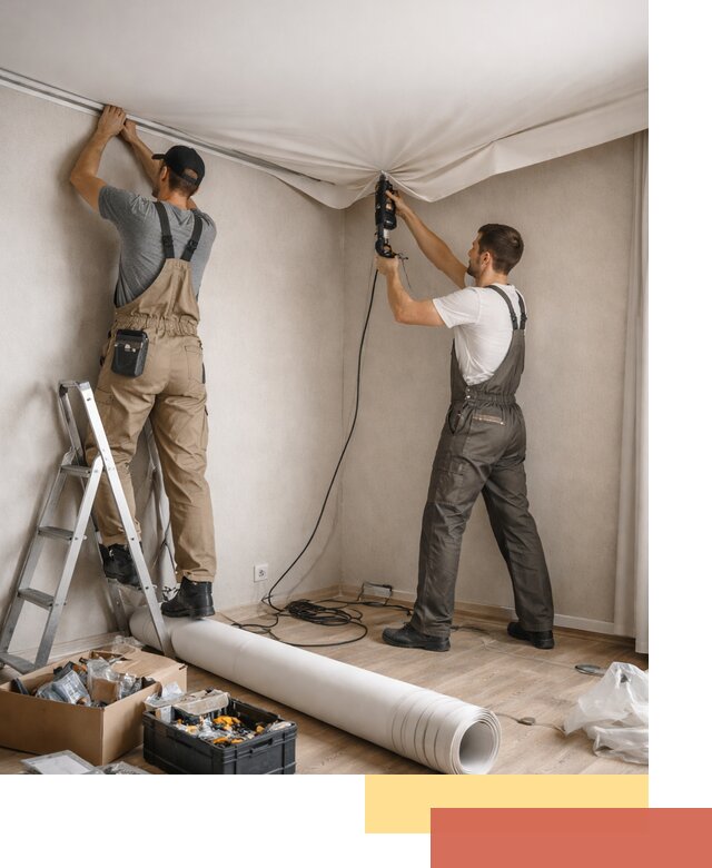 Монтаж цветного натяжного потолка в таре за один день