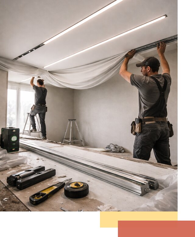 Монтаж натяжных потолков со световыми линиями в таре