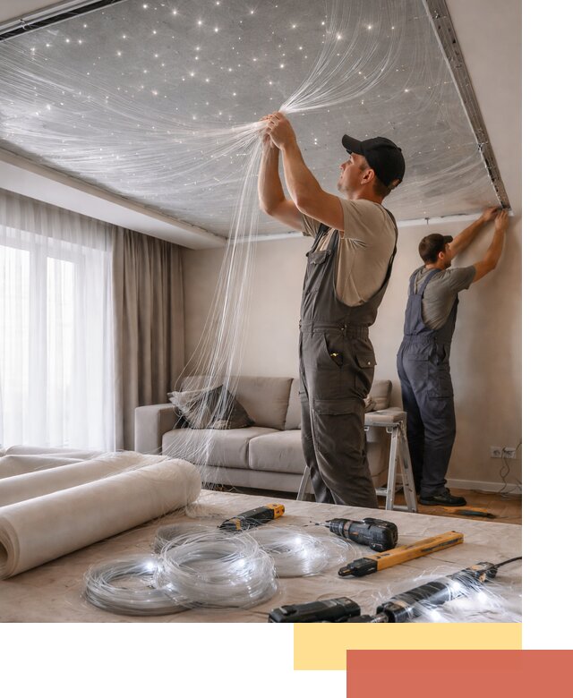 Монтаж натяжного потолка «Звездное небо» в таре