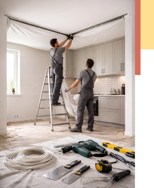 Установка натяжного потолка на кухне в таре от 2469 руб. | ОТДЕЛОЧНИК-Тар