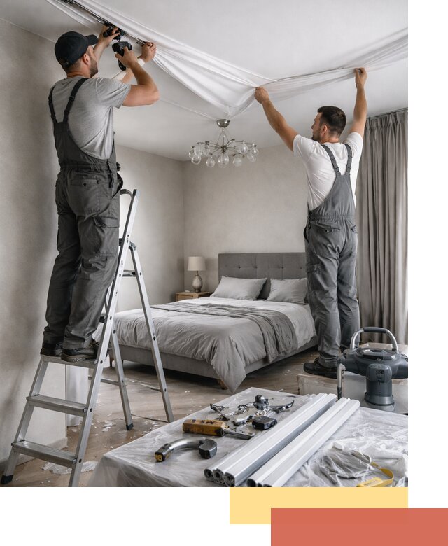 Монтаж натяжного потолка в спальне в таре