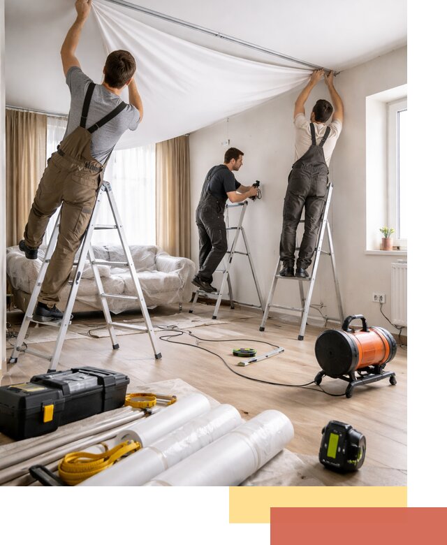 Монтаж натяжного потолка в гостиной в таре