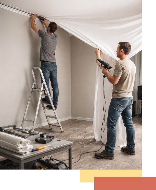 Монтаж натяжного потолка в студии в таре