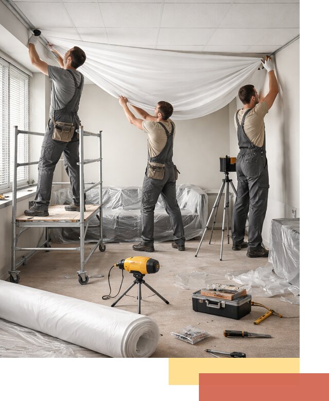 Монтаж натяжного потолка в офисе в таре