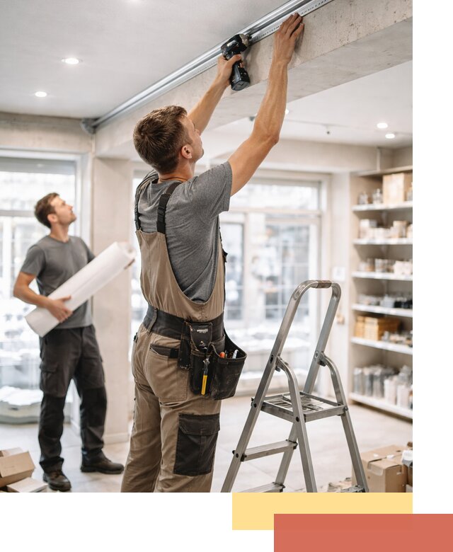 Монтаж натяжных потолков в магазине в таре