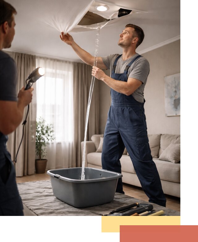 Слив воды с натяжного потолка в таре быстро и аккуратно