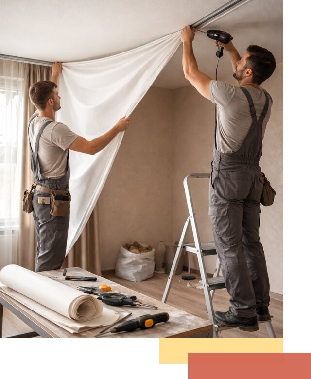 Замена полотна натяжного потолка в таре быстро и качественно