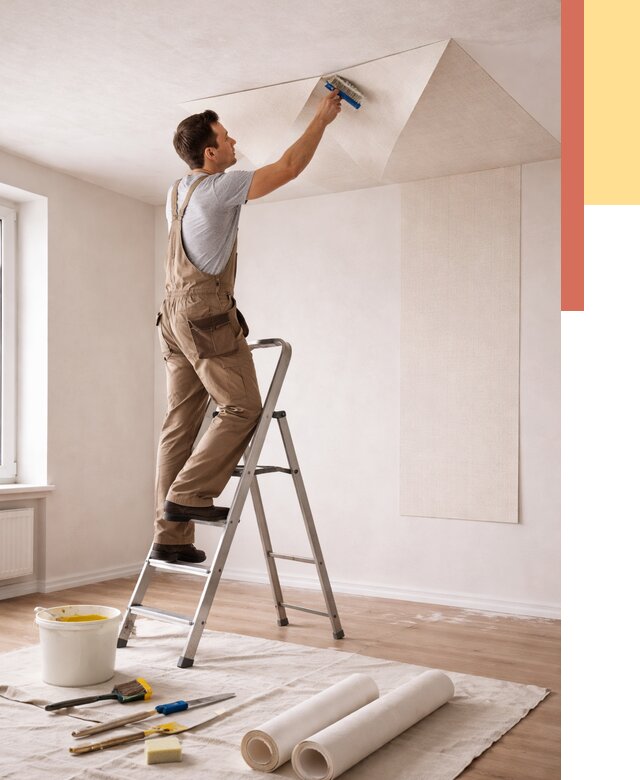 Поклейка обоев на потолок в таре от 4630 руб. быстро и недорого | ОТДЕЛОЧНИК-Тар